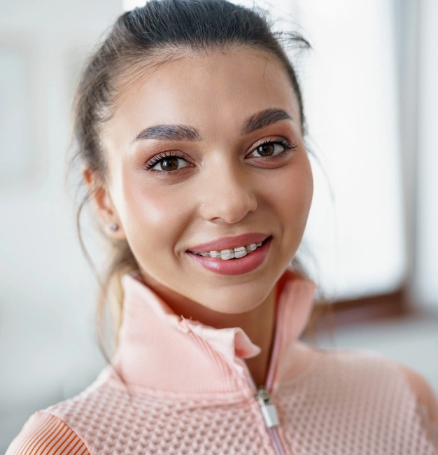 Young woman smiling at camera wearing pink jacket in bright indoor setting