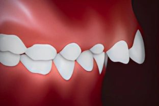 Illustrated side view of teeth showing overbite malocclusion with inflamed gums in red.