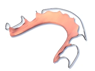 Stylized illustration of an orthodontic wire or bracket component in coral and gray colors.